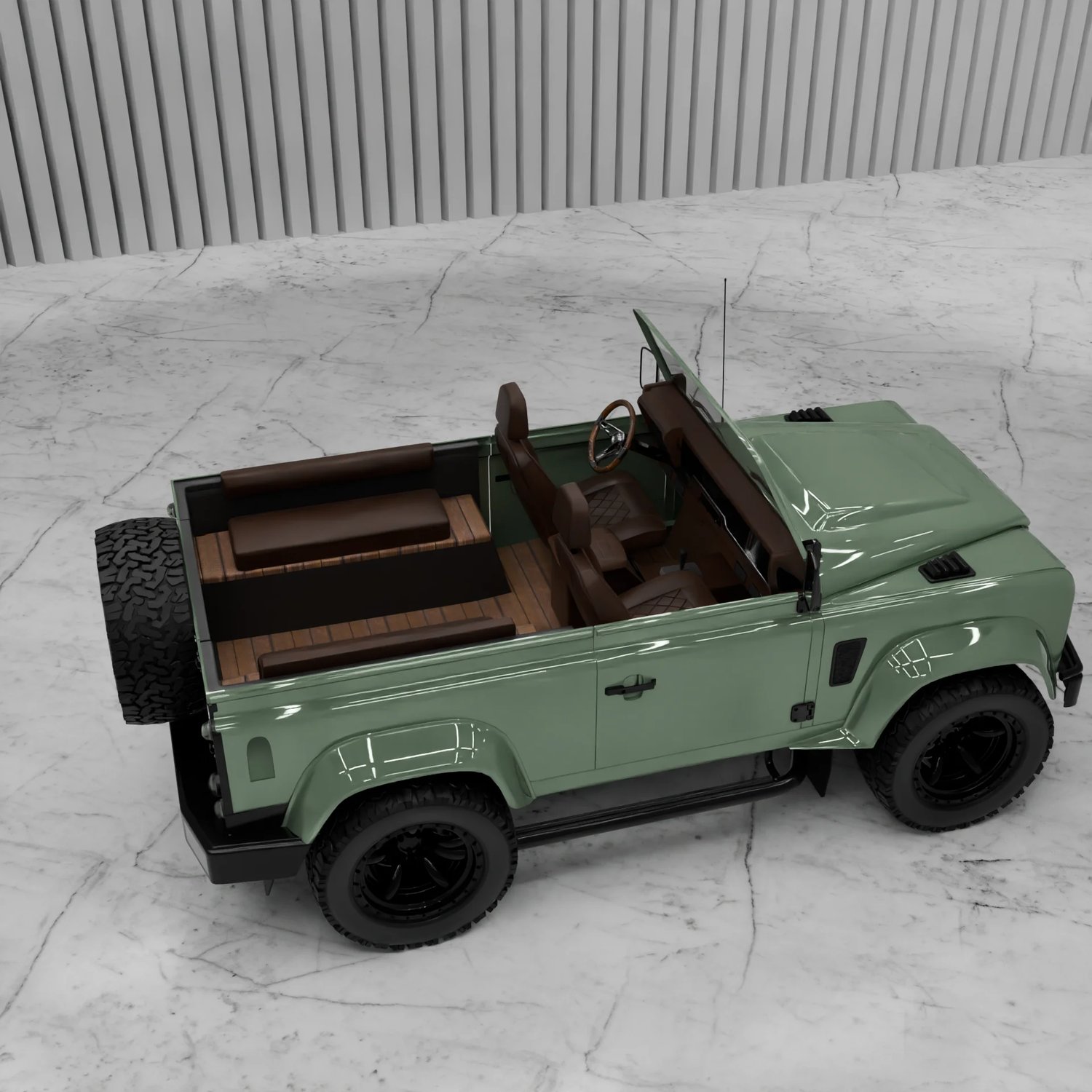Intérieur Classic Defender — cuir et plancher bois, profil