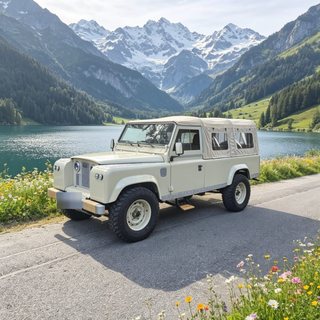 Le Defender beige au bord d'un lac