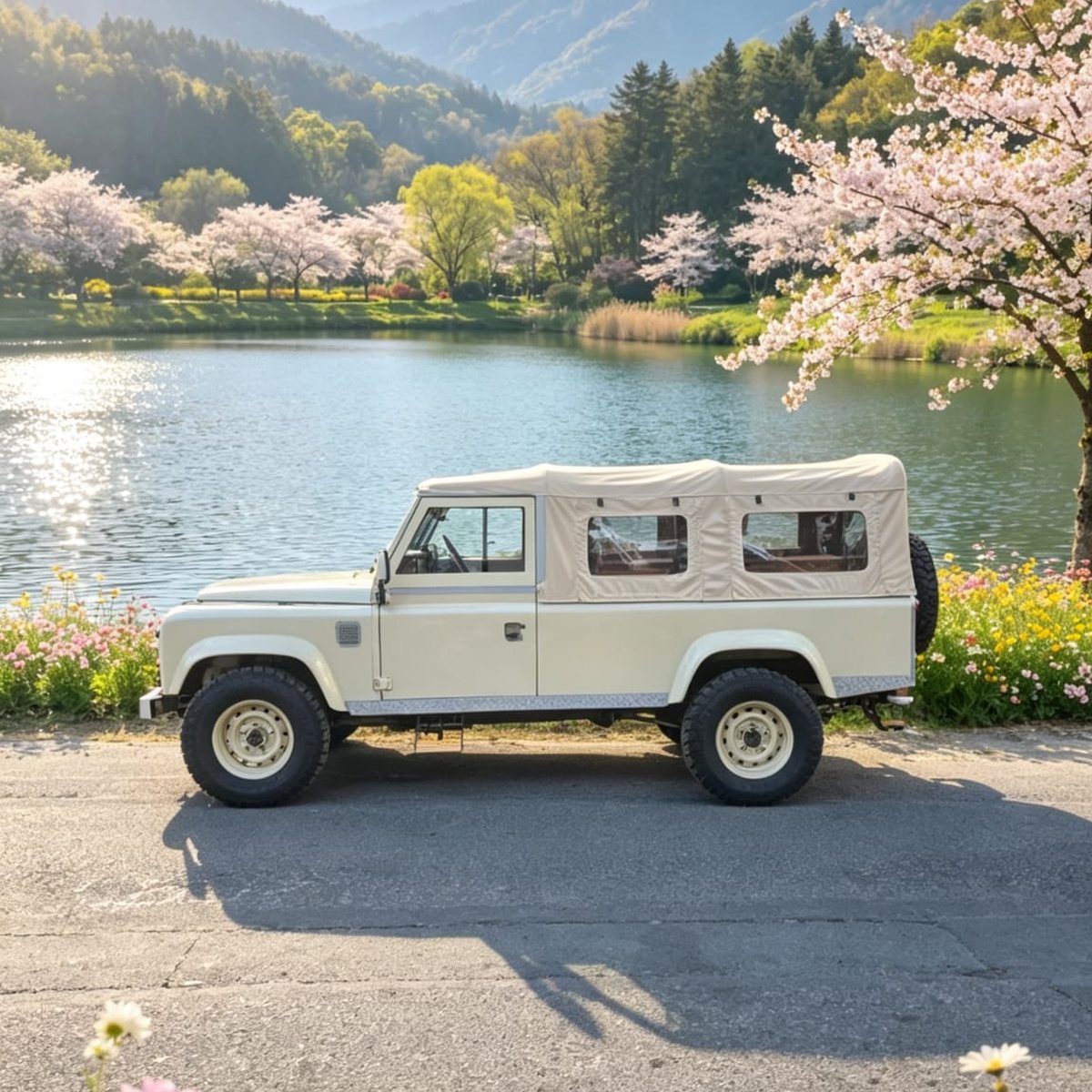 Land Rover Defender 110 300 Tdi beige Sahara de profil au bord d'un lac, cerisiers en fleurs, capote beige fermée